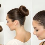 Step-by-step guide showing how to create a sleek high ballerina bun in five easy steps, featuring smooth hair pulled tightly into a polished top knot