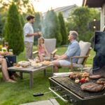 Friends enjoying a backyard BBQ meal as a break from daily routines when cooking feels overwhelming