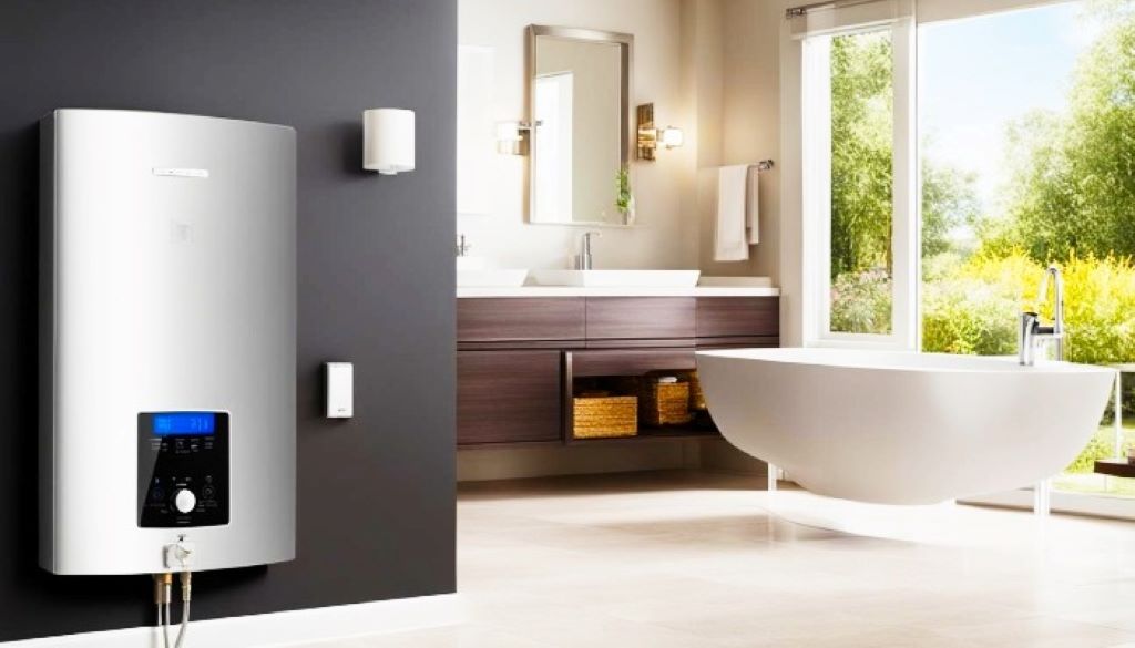 Illustration of a modern electric tankless water heater installed in a home bathroom, highlighting energy-efficient technology