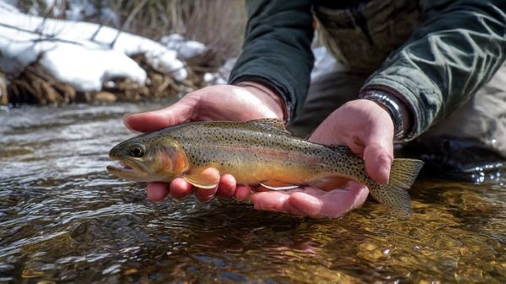 Angler holding golden trout in mountain creek after snowmelt season