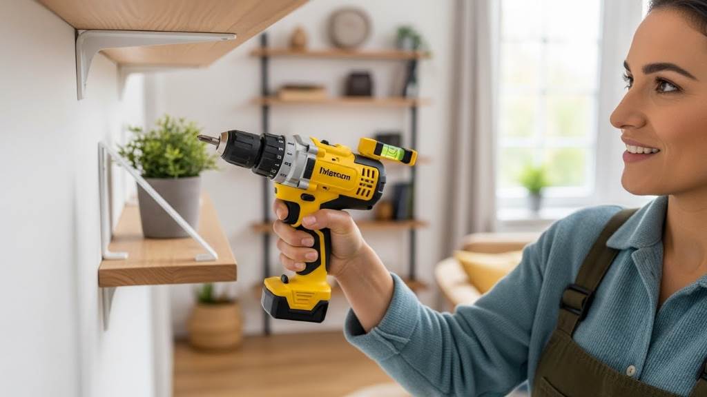 Beginner using a beginner-friendly drill to hang shelves, demonstrating versatility for home DIY tasks
