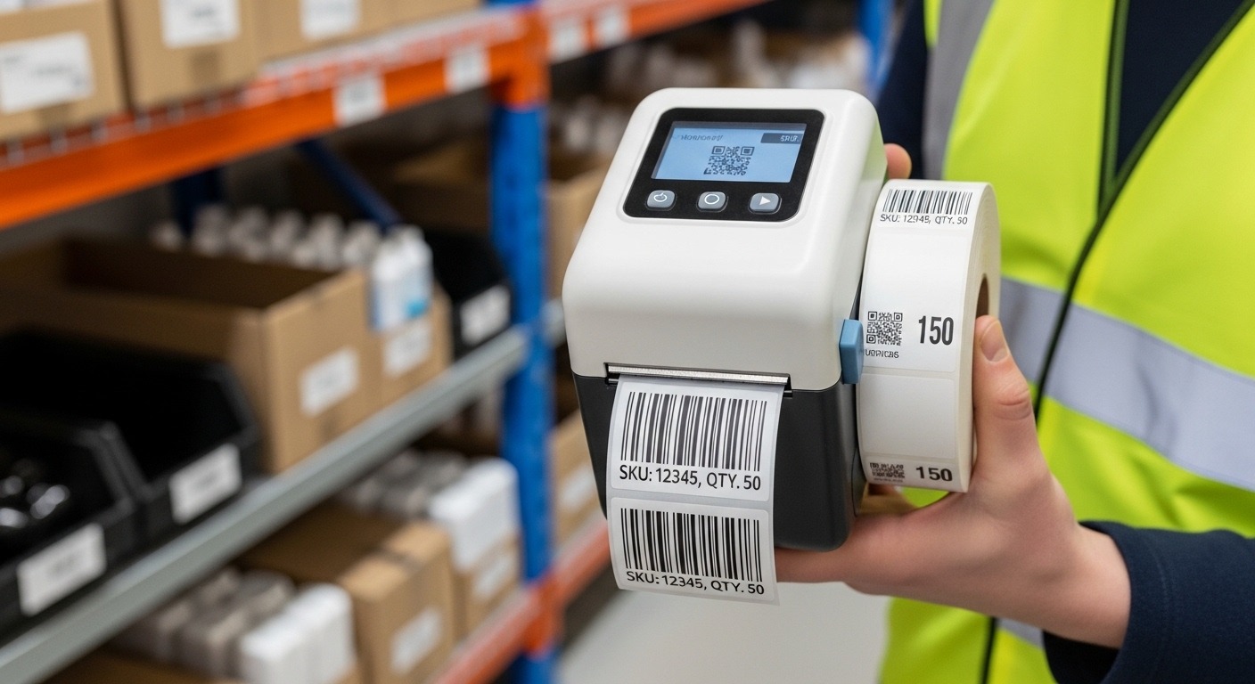 Worker using portable barcode label printer for warehouse labeling