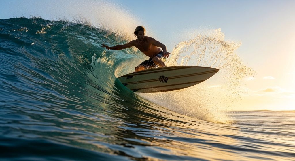 Surfer riding wave on eco-friendly surfboard made from sustainable materials in clear blue ocean water