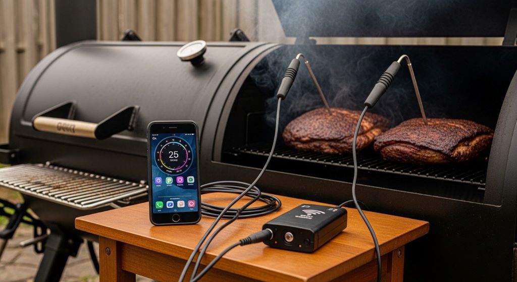 Smartphone displaying meat temperature monitoring app with real-time graphs while connected to wireless thermometer probes in outdoor smoker