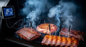 Smart meat thermometer with multiple probes monitoring temperatures inside a smoking chamber with rising smoke