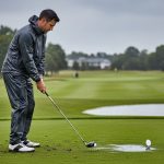 A golfer wearing lightweight packable rain pants on a wet golf course during a rainy round