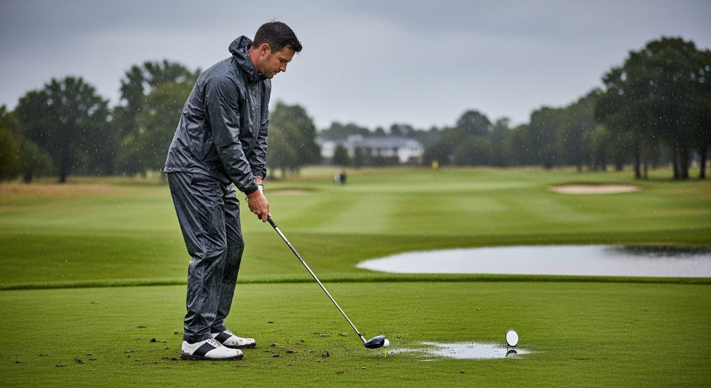 A golfer wearing lightweight packable rain pants on a wet golf course during a rainy round