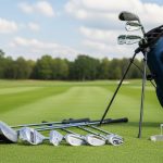 A complete beginner golf clubs set displayed on a green course, including a driver, irons, wedges, and putter neatly arranged next to a lightweight stand bag