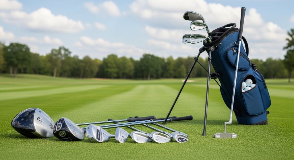 A complete beginner golf clubs set displayed on a green course, including a driver, irons, wedges, and putter neatly arranged next to a lightweight stand bag