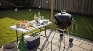 Budget backyard grill station with charcoal grill and folding prep table on patio pavers