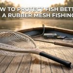 Angler using a fish-safe rubber mesh landing net for bass fishing
