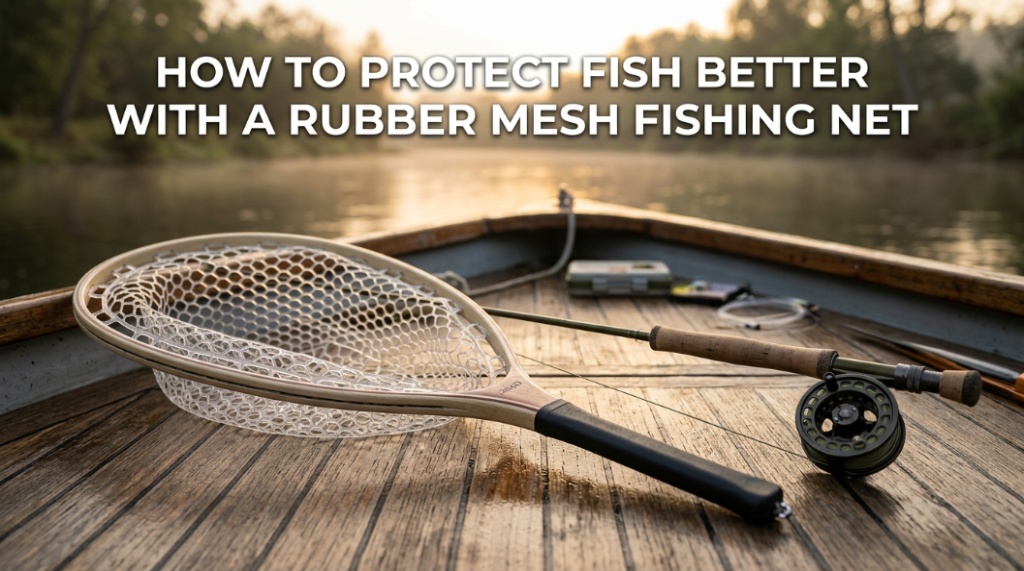 Angler using a fish-safe rubber mesh landing net for bass fishing