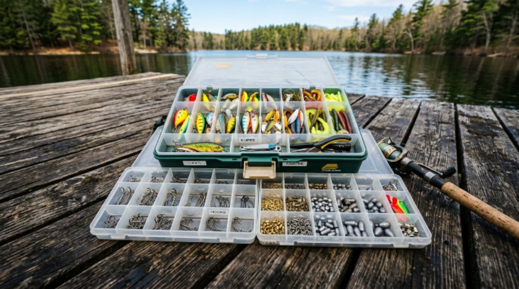 A neatly organized fishing tackle box filled with colorful lures, hooks, sinkers, and swivels laid open on a wooden dock