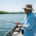 An angler wearing a wide-brim ventilated fishing hat while standing on a boat in bright sunlight
