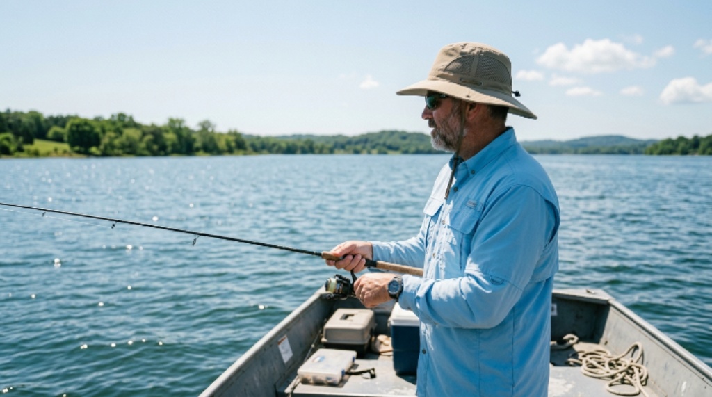 An angler wearing a wide-brim ventilated fishing hat while standing on a boat in bright sunlight