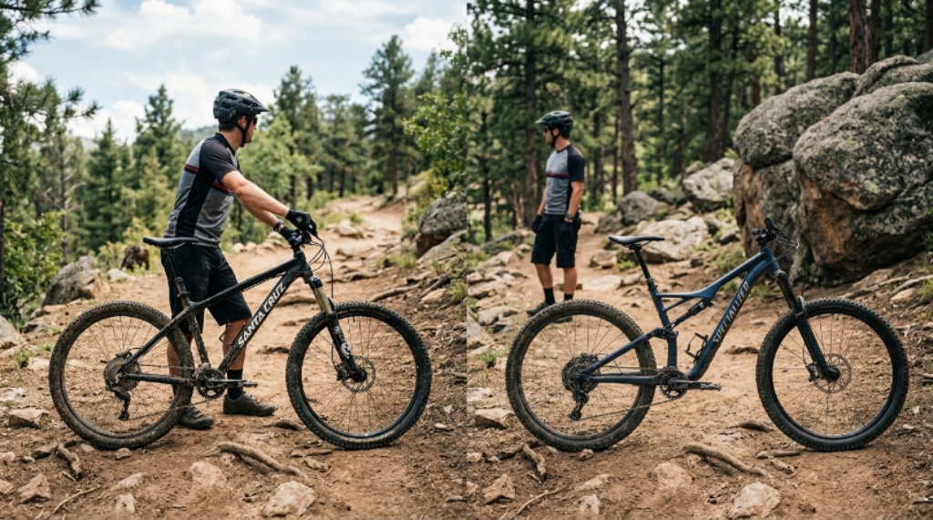 A side-by-side comparison of a 26-inch and 27.5-inch mountain bike on a dirt trail