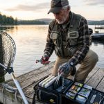 An angler organizing must-have fishing tools including pliers, line clippers, and a landing net on a dock