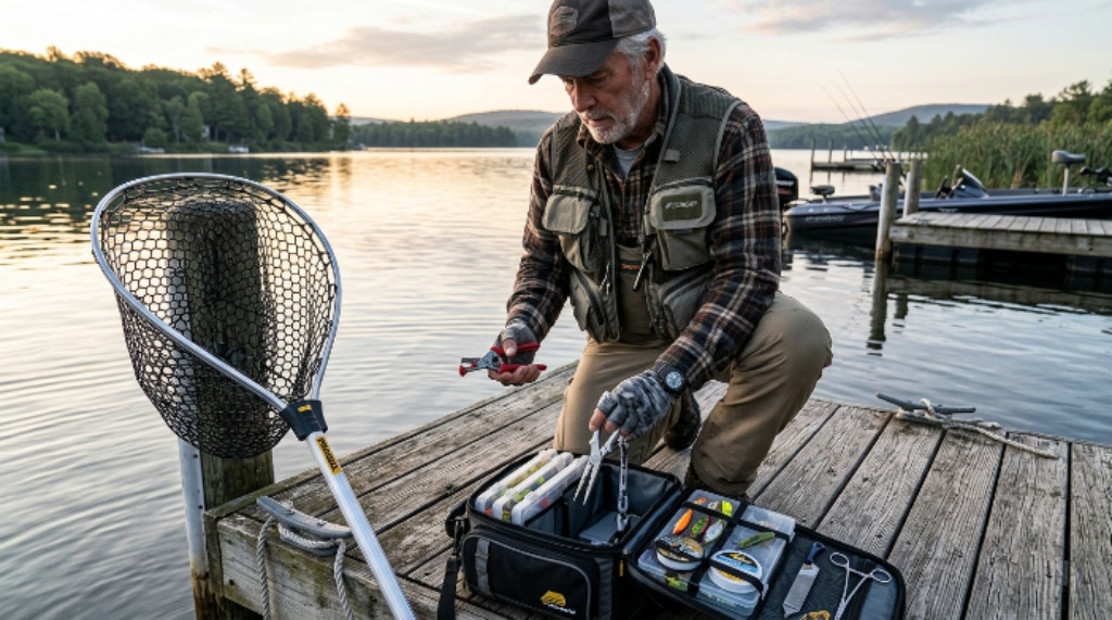 An angler organizing must-have fishing tools including pliers, line clippers, and a landing net on a dock