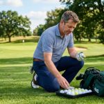 Mid handicapper golfer selecting golf balls on a golf course fairway