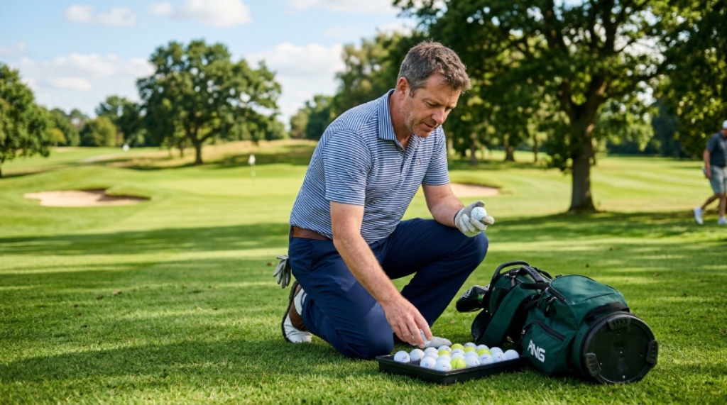 Mid handicapper golfer selecting golf balls on a golf course fairway