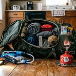 A camping backpack open on a kitchen floor with a headlamp, water filter, and camp stove laid out as indoor emergency tools