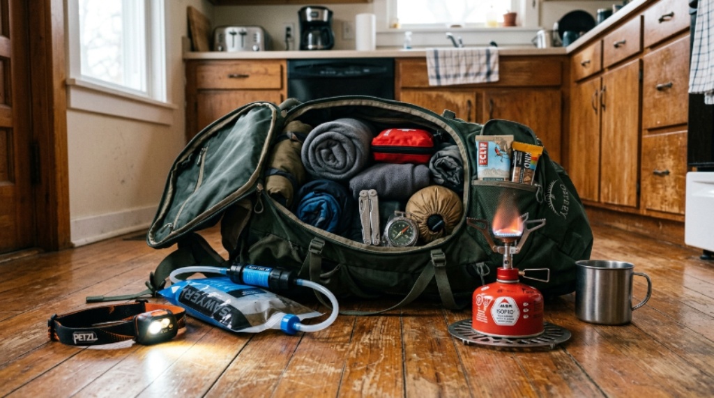 A camping backpack open on a kitchen floor with a headlamp, water filter, and camp stove laid out as indoor emergency tools