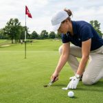 Golfer using a two-prong turf repair tool to fix a ball mark on a smooth putting green during a round