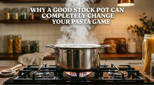 A stainless steel stock pot boiling water on a stove with article title text overlay. (15 words)
