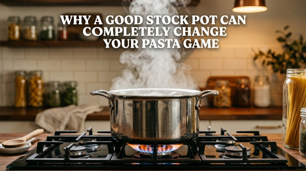 A stainless steel stock pot boiling water on a stove with article title text overlay. (15 words)