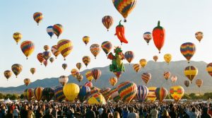 Hundreds of colorful hot air balloons lifting off during the Albuquerque International Balloon Fiesta mass ascension at sunrise over Balloon Fiesta Park