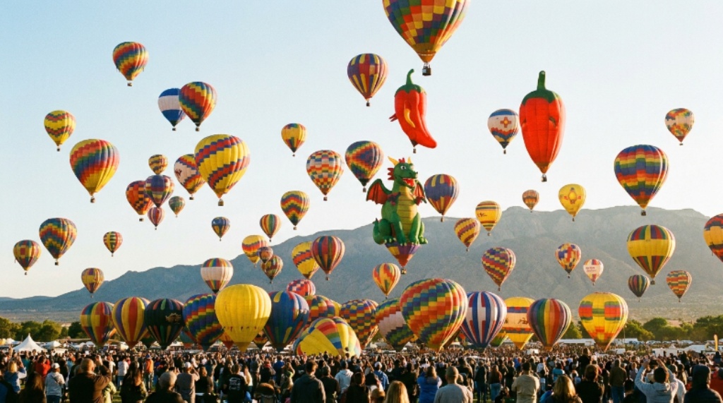 Hundreds of colorful hot air balloons lifting off during the Albuquerque International Balloon Fiesta mass ascension at sunrise over Balloon Fiesta Park