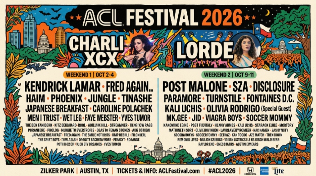ACL Festival 2026 lineup poster with headliners Charli XCX and Lorde