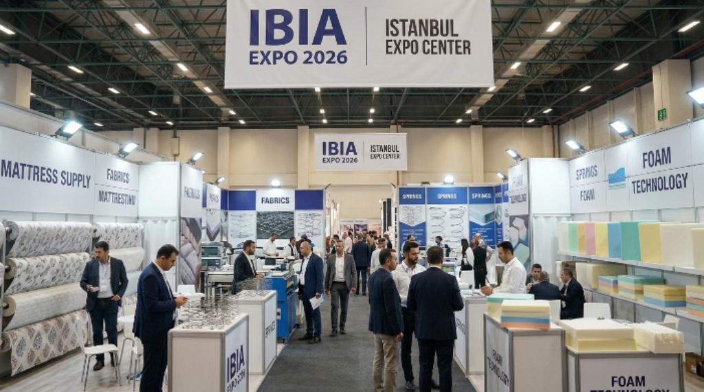 Mattress supply industry exhibitors showcasing fabric, spring and foam products at IBIA Expo 2026 inside Istanbul Expo Center in September 2026