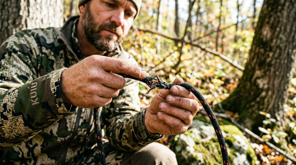 Hunter inspecting a frayed nylon rope for damage outdoors.