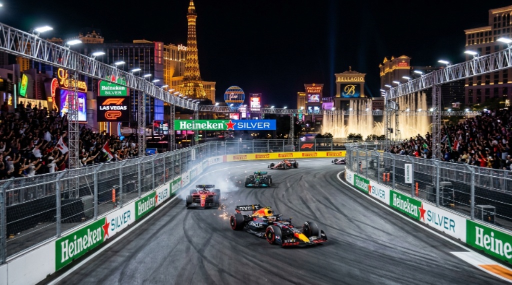 Formula 1 cars racing down the Las Vegas Strip at night during the Heineken Grand Prix