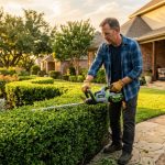 Homeowner trimming overgrown hedges with a cordless electric hedge trimmer in a sunny Texas backyard.
