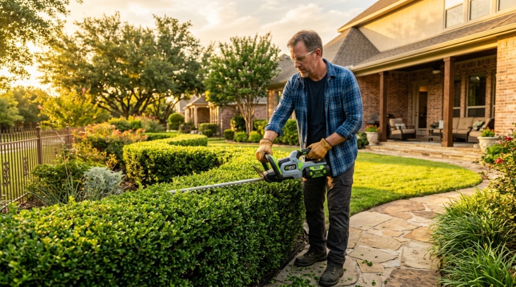 Homeowner trimming overgrown hedges with a cordless electric hedge trimmer in a sunny Texas backyard.