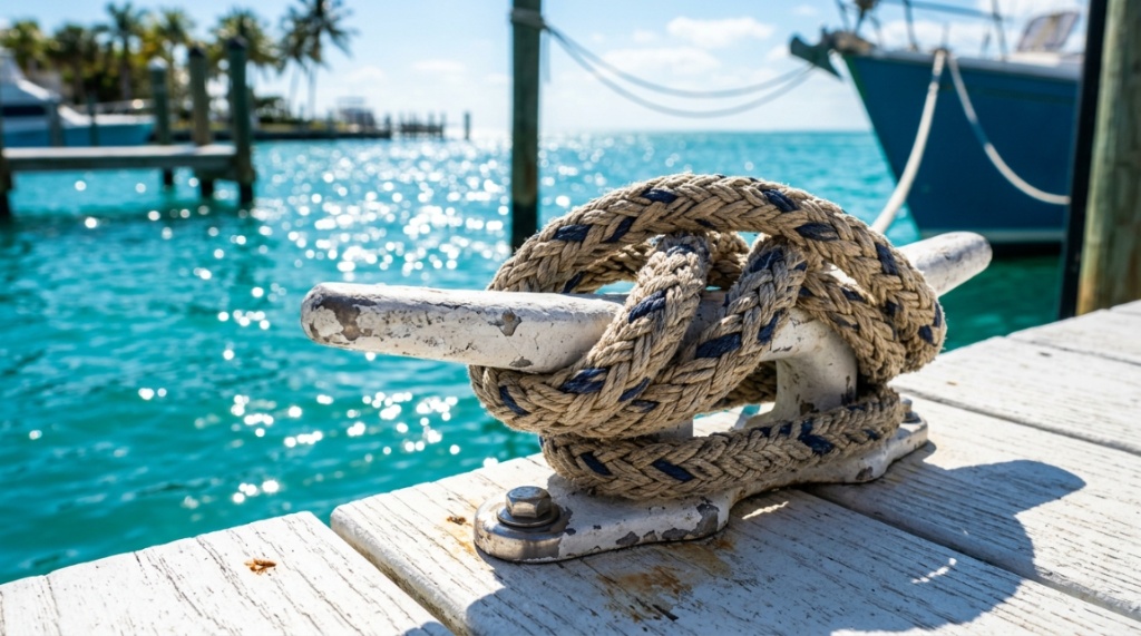Braided marine rope secured to a dock cleat under Florida sun.