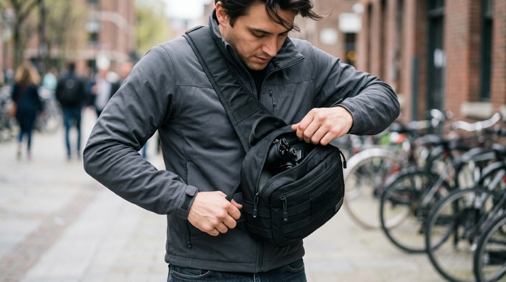 Angler wearing a tactical fishing sling bag with open compartments showing organized tackle boxes.