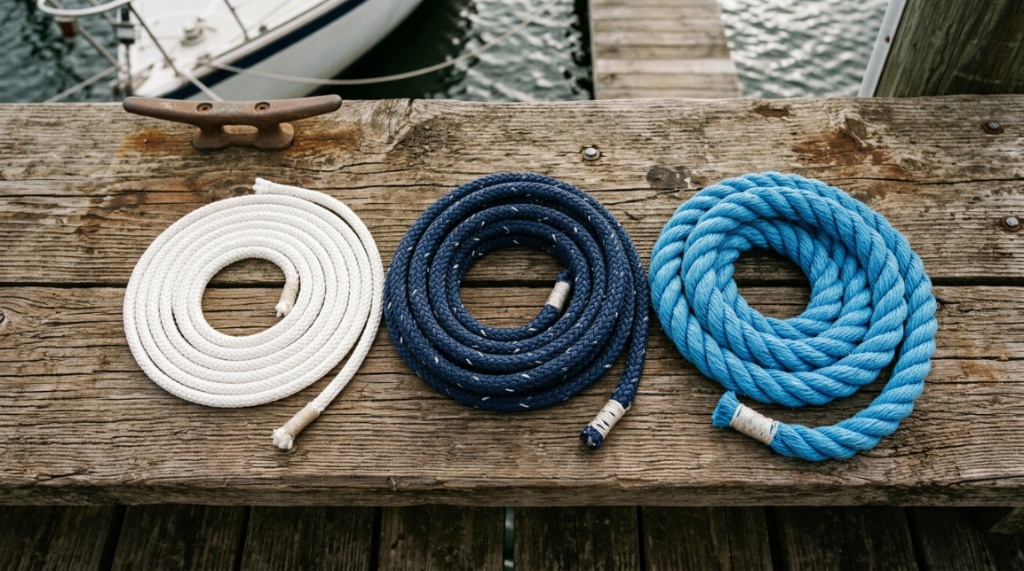 Various types of marine ropes displayed on wooden dock planks.
