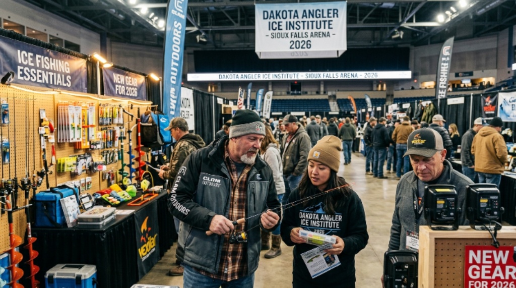 Anglers exploring fishing gear booths at the Dakota Angler Ice Institute show at Sioux Falls Arena in 2026