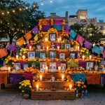 Colorful ofrenda altar decorated with marigolds and candles at Día de los Muertos festival at The Pearl in San Antonio