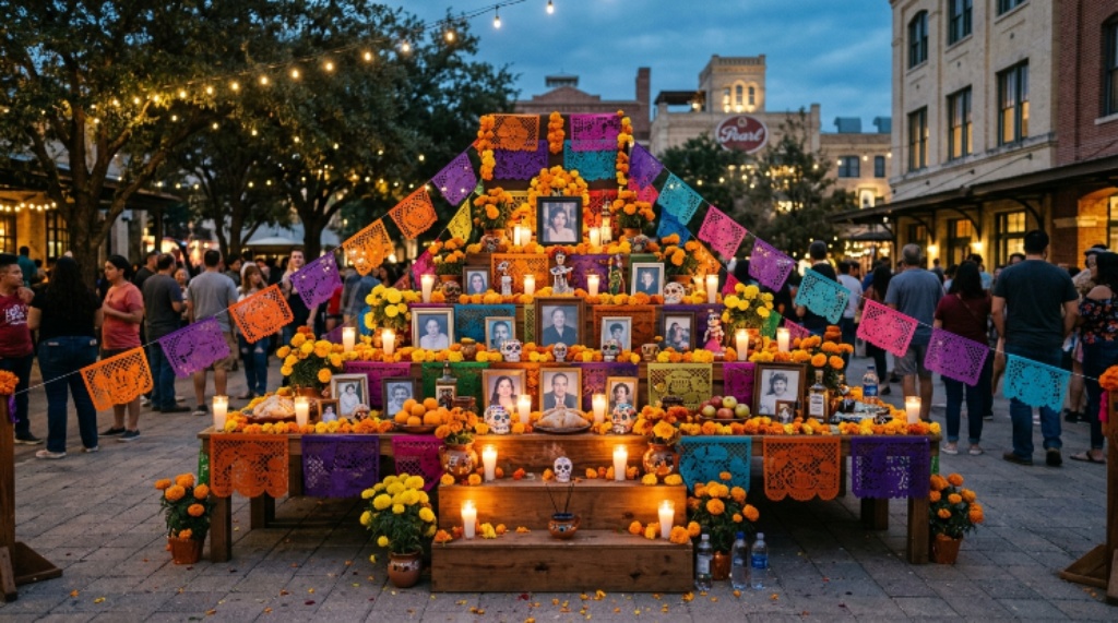 Colorful ofrenda altar decorated with marigolds and candles at Día de los Muertos festival at The Pearl in San Antonio