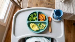 Colorful balanced meal with avocado and sweet potato on baby highchair.