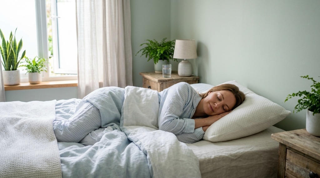 Cooling gel memory foam pillow on a white bed with morning light.