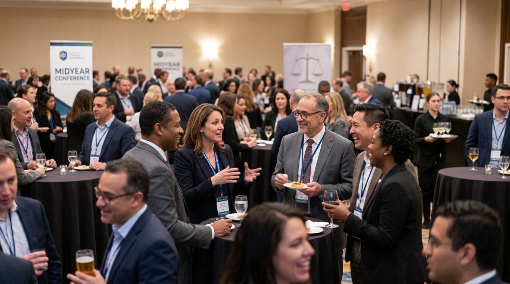 Legal professionals networking at a reception during a midyear conference