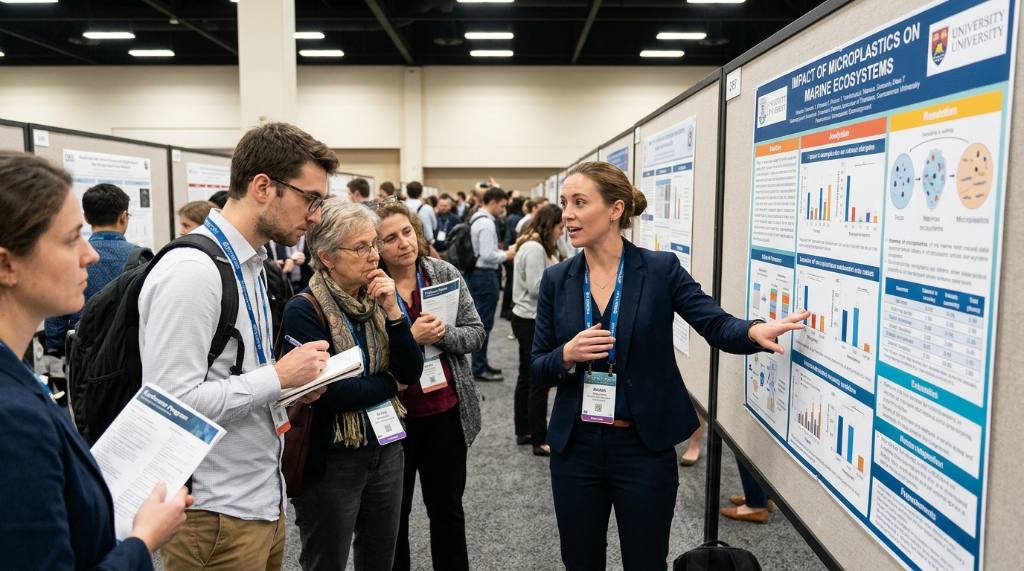 Researcher presenting a scientific poster to a small group of attendees