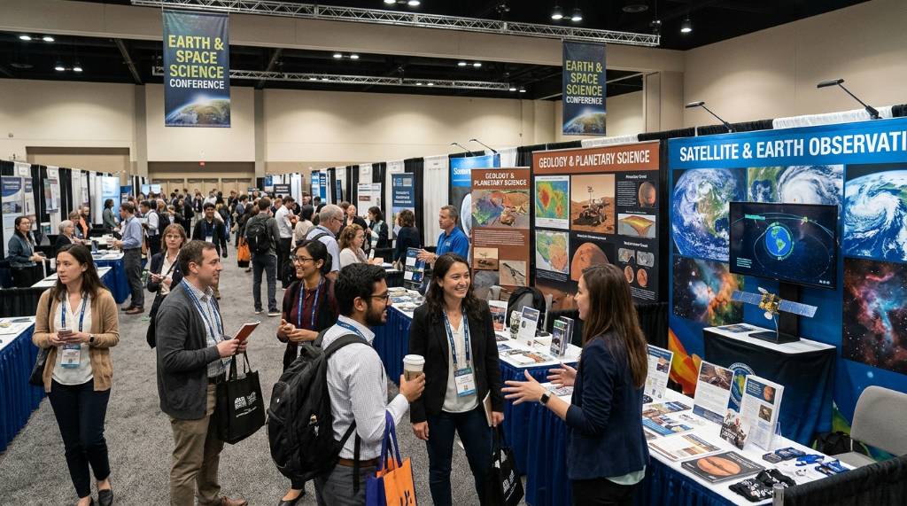 Attendees networking near exhibit booths at an Earth and space science conference