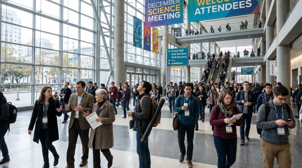 Scientists walking through the Moscone Center in San Francisco during the AGU Fall Meeting 2026