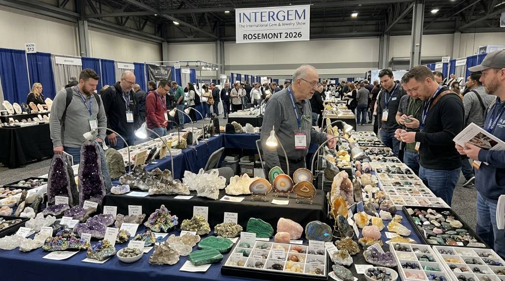 Colorful gemstones and crystal specimens displayed on vendor tables at the InterGem Rosemont Jewelry Show 2026